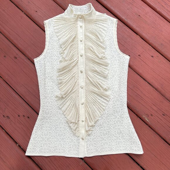 Alexander McQueen Jabot Collar Stretchy lace Sleeveless button up blouse L - Picture 3 of 16